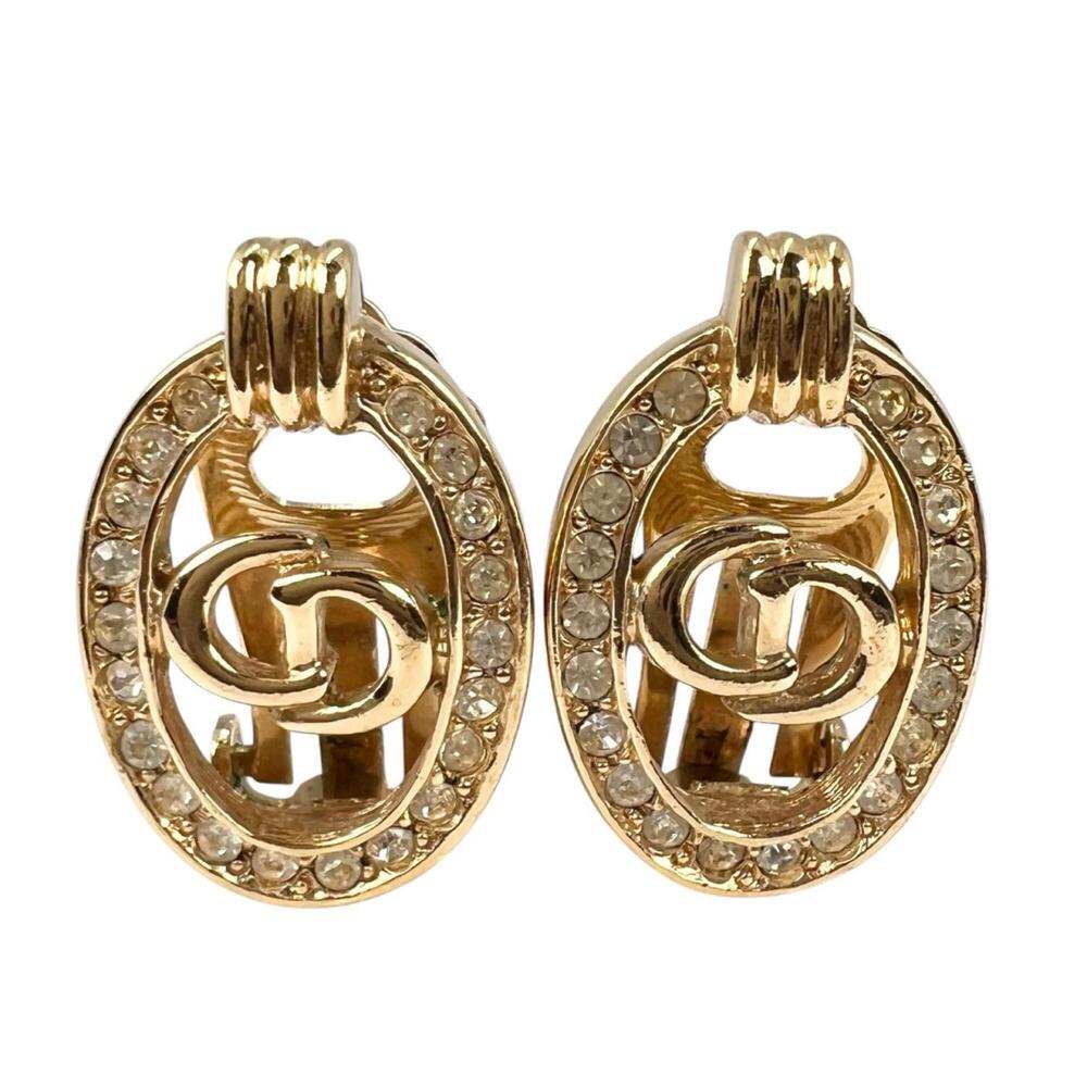 Dior CD Logo Oval Rhinestone Earrings, Gold Plated, Gold, Women's